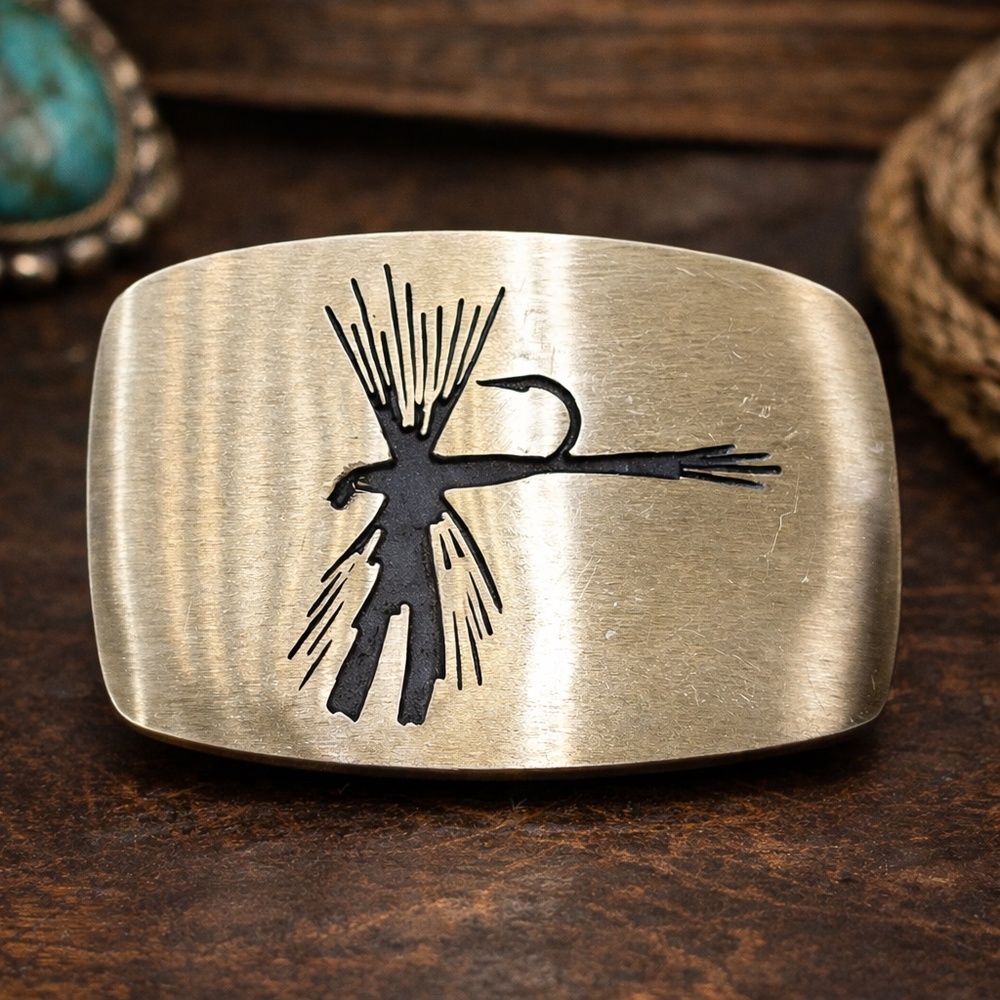 VINTAGE 1978 BTS SOLID BRASS BELT BUCKLE FLY FISHING FISHERMAN THEME